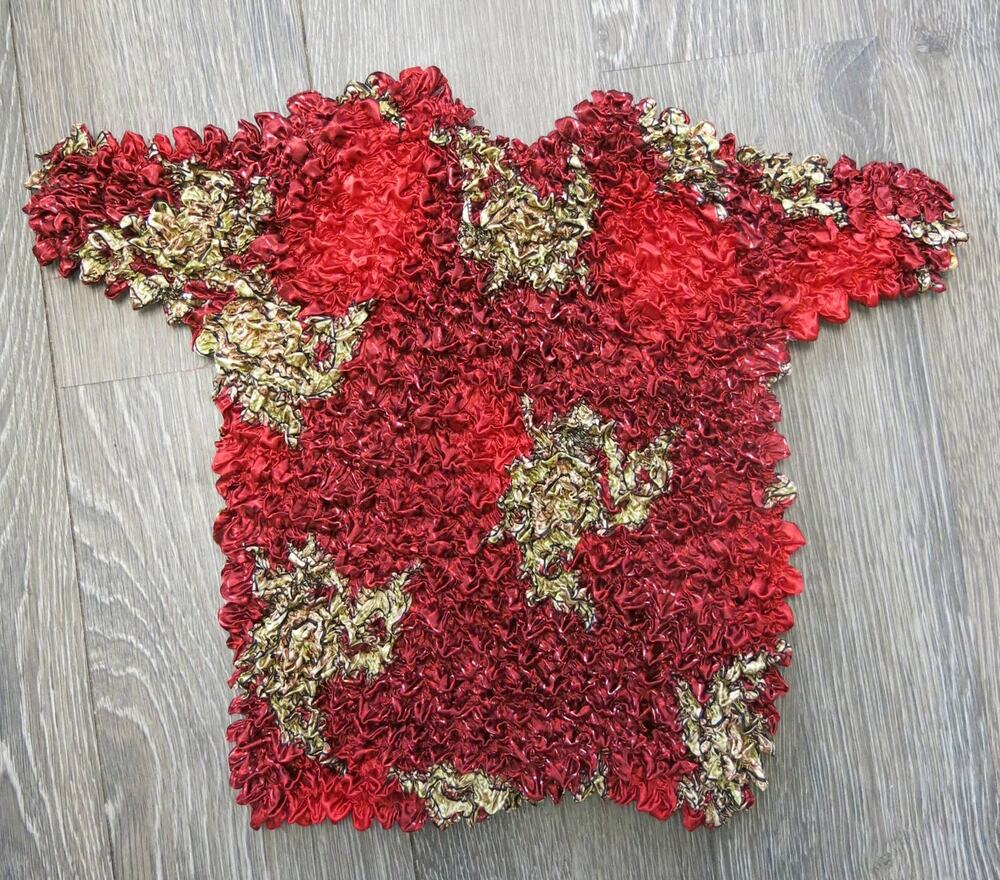 VINTAGE F.C Bubble Popcorn Crinkle Crop Top One Size Y2K Short Sleeve Red/Gold